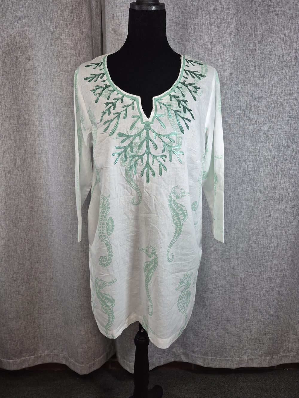 Toffee Apple 100% Cotton Seahorse Embroidered Tunic Top Large Coastal Beach Cove